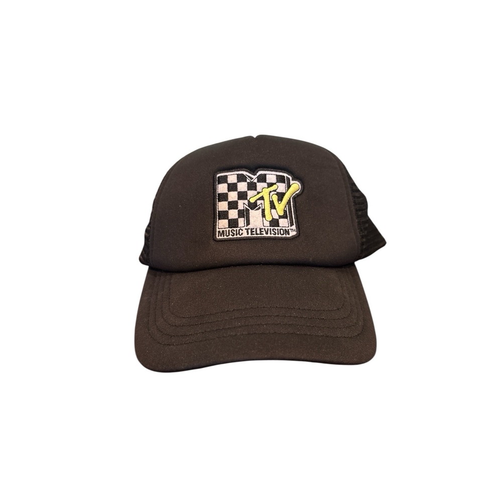 MTV Music Television Trucker Hat‎ Black Mesh Cap Checkered Logo Retro 90s Style